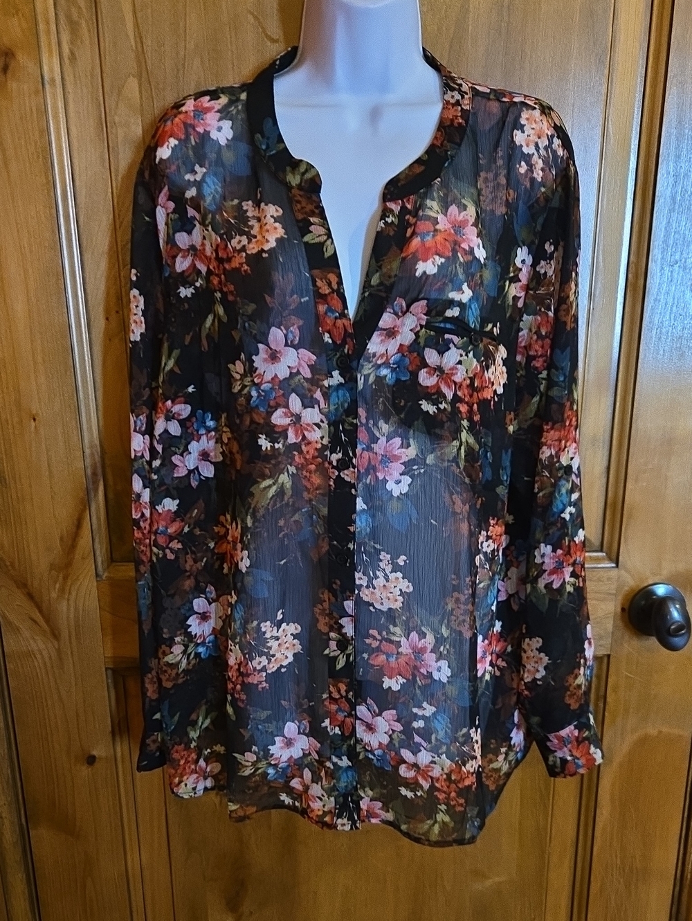 Kut from the Kloth Black Floral Print Top with Pink & Blue Accents